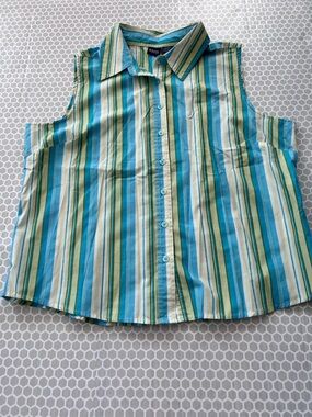 Basic Editions Sleeveless Striped Button-Up Top Blue & Green Summer Golf Size XL